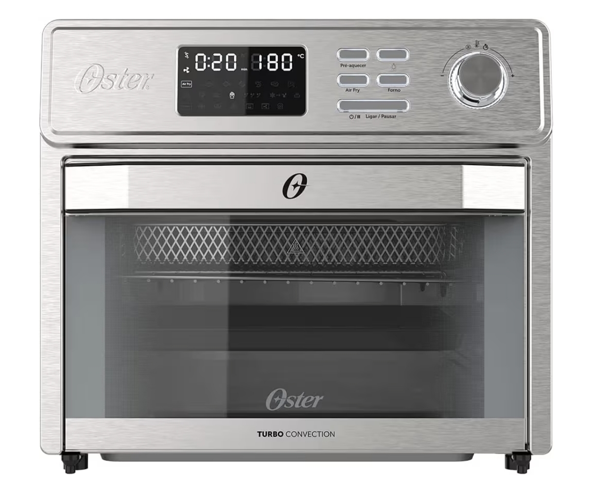 Interior do Oster OFOR250 em uso com alimentos nas grelhas